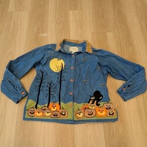 Tantrums Spooky Halloween Jean Button Up With Pumpkin Buttons Size XL